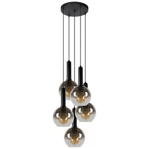 Lámpara colgante metal negro vidrio humo Ø55x1,50 cm 5 luces E27 - LULC0245