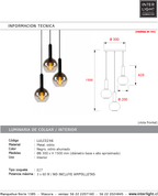 Lámpara colgante metal negro vidrio humo Ø30x1,50 cm 3 luces E27 - LULC0246