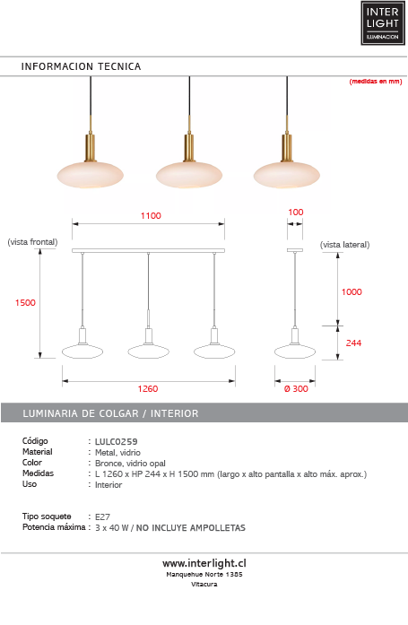 Lámpara colgante metal bronce vidrio opal 126x24,4 cm 3 luces E27 - LULC0259