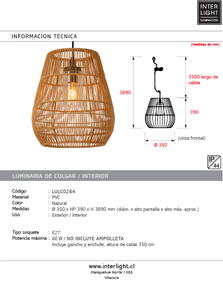 Lámpara colgante exterior PVC natural Ø35x39 cm E27 - LULC0264