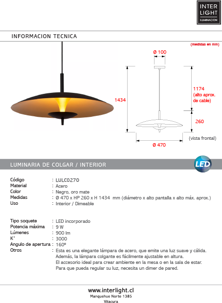 Lámpara colgante acero negro oro mate Ø 47 cm 3000 LED 9W - LULC0270
