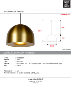 Lámpara colgante metal Oro Mate Ø 50x36,5 cm E27 - LULC0277