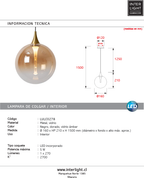 Lámpara colgante vidrio ámbar metal negro dorado Ø 160 cm LED 5W - LULC0278