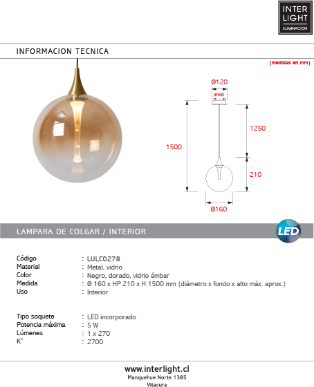 Lámpara colgante vidrio ámbar metal negro dorado Ø 160 cm LED 5W - LULC0278