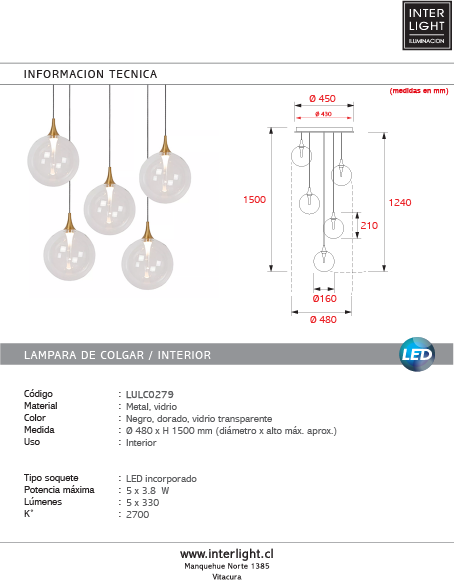 Lámpara colgante vidrio metal negro dorado Ø48 cm LED 5x3.8W - LULC0279