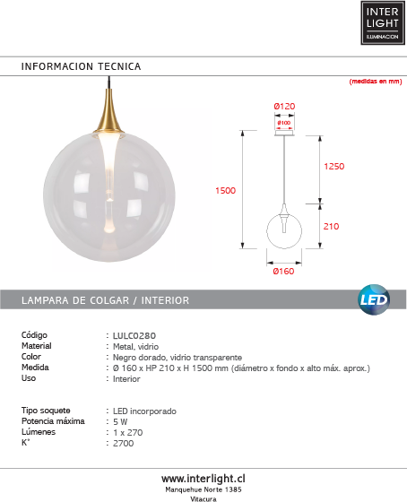 Lámpara colgante vidrio transaperente metal negro dorado Ø 16 cm LED 5W - LULC0280