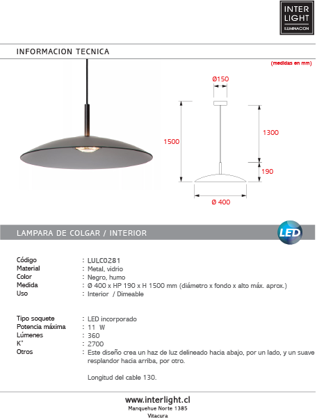Lámpara colgante vidrio negro humo dimable Ø40 cm LED 11 W - LULC0281