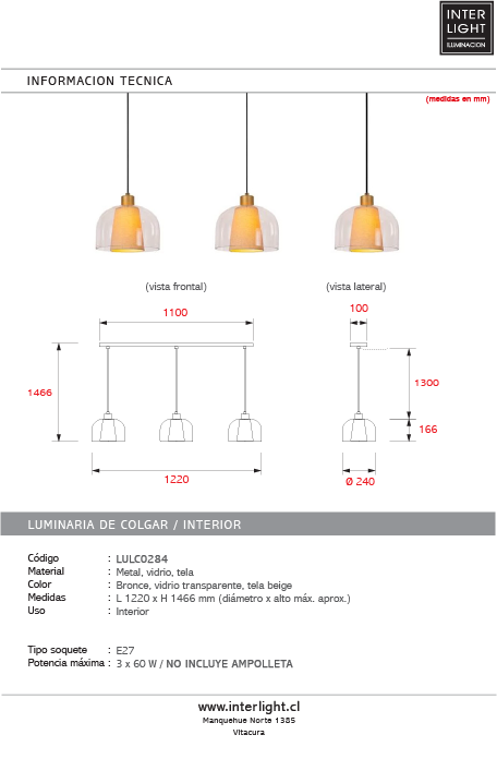 Lámpara colgante vidrio tela metal 1,22 cm 3 luces E27 - LULC0284