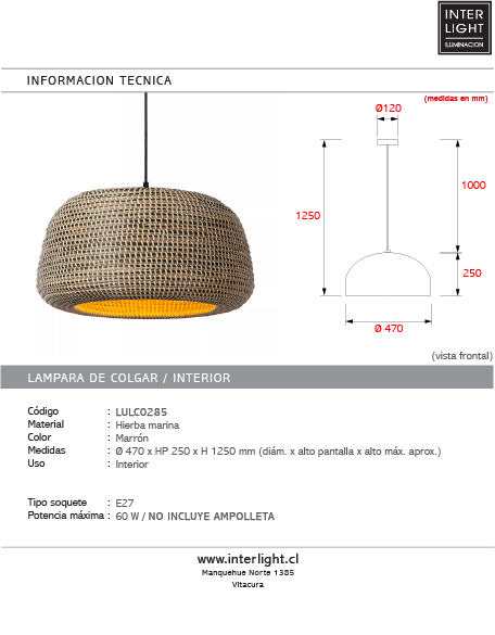 Lámpara colgante metal hierba marina marrón Ø47 cm E27 -  LULC0285