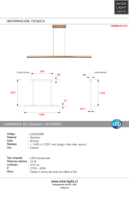 Lámpara colgante aluminio bronce 1,40 cm. LED 33W - LULC0288