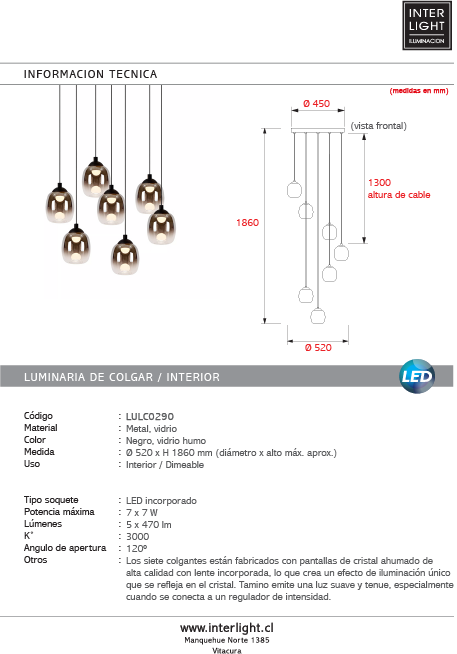 Lámpara de vidrio humo metal metal negro 7x7W LED - LULC0290