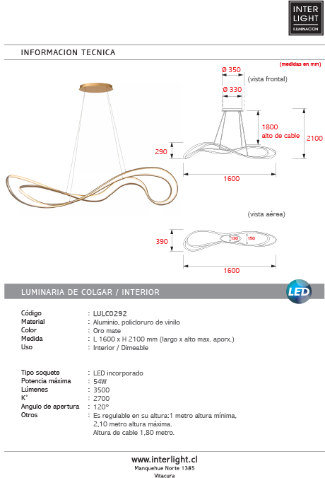 Lámpara colgante metal policloruro de vinilo dorado 1,60 cm LED 54W - LULC0292