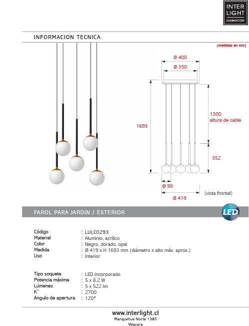 Lámpara aluminio acrílico negro dorado opal Ø41,9 cm LED 5 luces 8,2 W - LULC0293