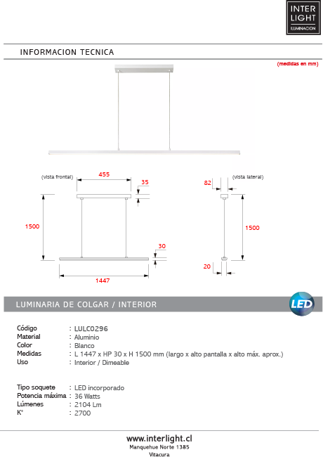Lámpara colgante  aluminio blanco LED 36W -  LULC0296