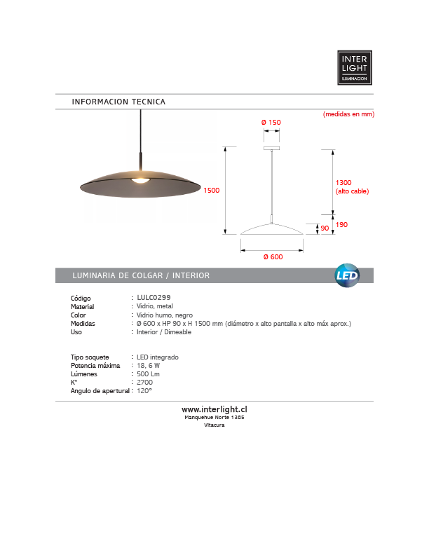 Lámpara colgante vidrio negro humo Ø 60 cm LED 18,6 W - LULC0299