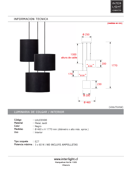 Lámpara colgante metal algodón negro 3 luces Ø46 cm  E27 - LULC0300