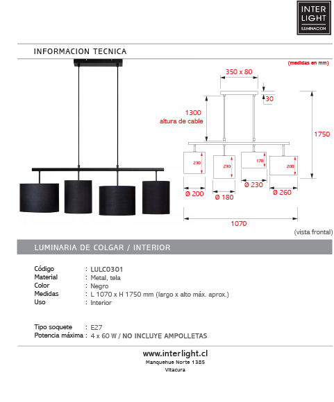 Lámpara colgante metal tela 107 cm 4 luces E27 - LULC0301