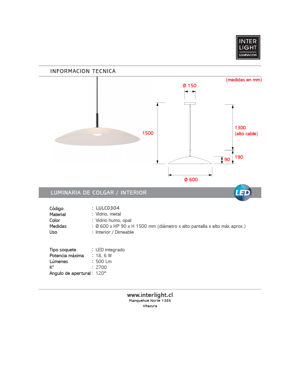 Lámpara colgante vidrio opal dimeable Ø 60 cm LED 18,6 W - LULC0304