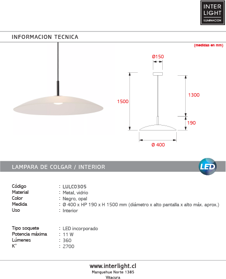 Lámpara colgante vidrio opal dimeable Ø 40 cm LED 11 W  - LULC0305