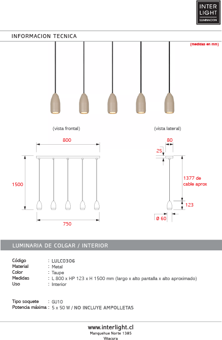 Lámpara colgante metal taupe 80x1,50 cm 5 luces GU10 - LULC0306