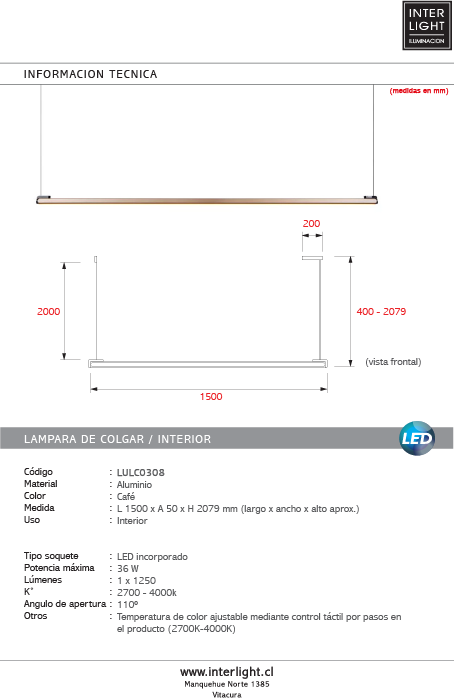 Lámpara colgante lineal aluminio taupe 36W LED - LULC0308