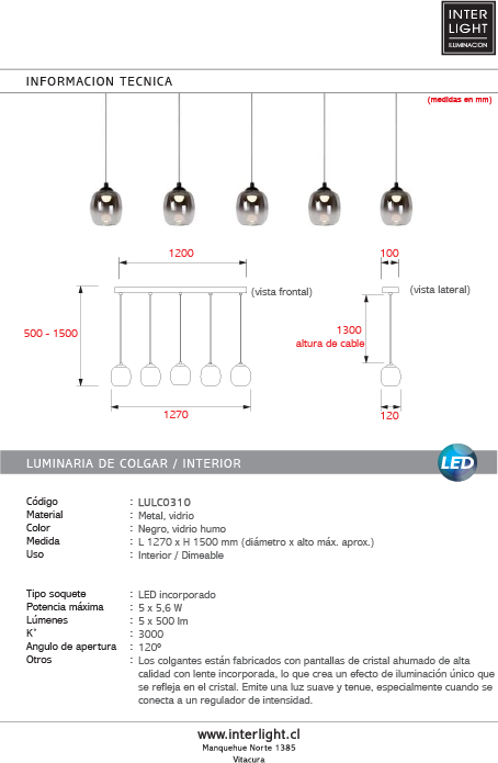 Lámpara de vidrio humo metal metal negro 5x5,6 W LED - LULC0310