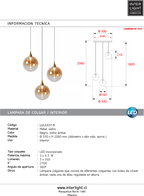 Lámpara colgante metal vidrio ámbar tres luces de 4,3W cada una LED - LULC0319