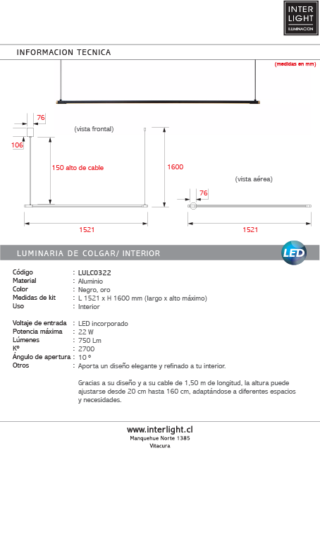 Lámpara colgante aluminio negro oro 1,521 cm 22W LED - LULC0322