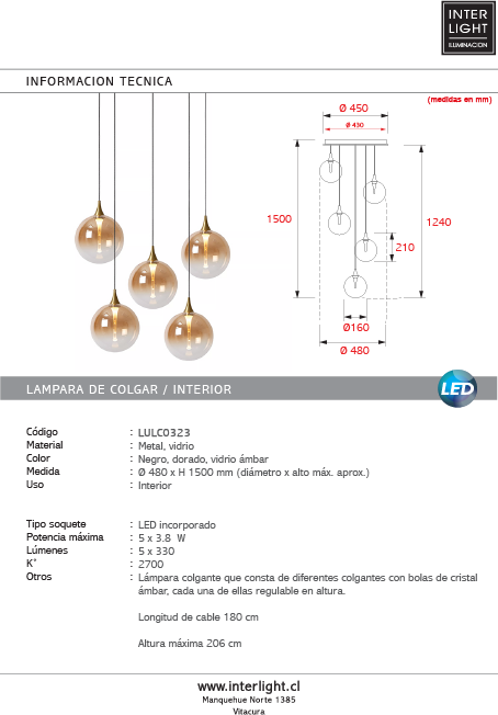 Lámpara colgante vidrio ámbar metal negro dorado Ø48 cm LED 5x3.8W  - LULC0323