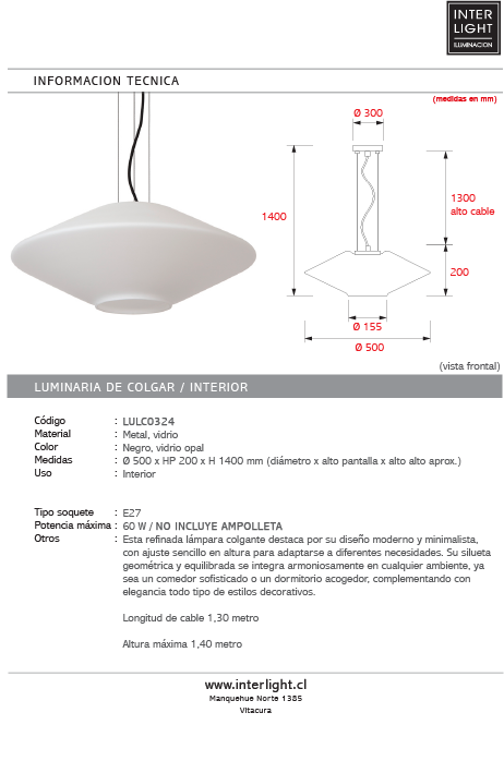 Lampara colgante vidrio opal Ø50x20 cm E27 - LULC0324