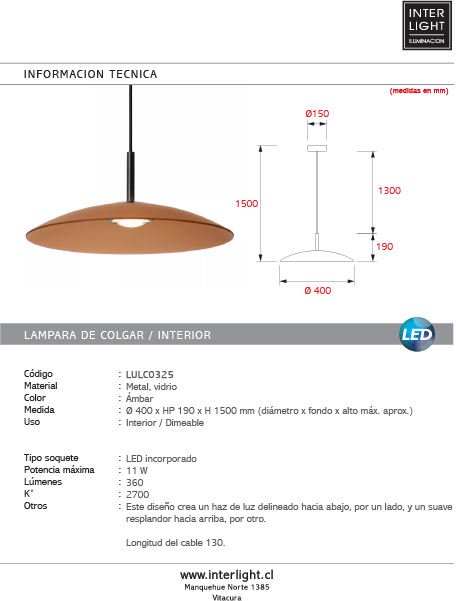 Lámpara colgante vidrio dimeable ámbar Ø 40 cm 11W 2700K LED - LULC0325