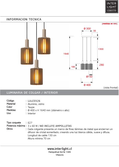 Lámpara colgante aluminio taupe Ø40cm 3 luces E27 - LULC0326