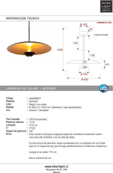 Lámpara colgante aluminio negro oro mate Ø40 cm 12W LED - LULC0327