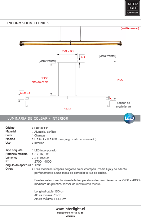 Lámpara colgante aluminio champán 2x16,5W sensor de movimiento de mano  - LULC0331