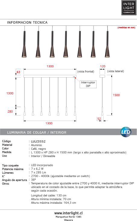 Lámpara colgante alumino caé negro dimeable 7 luces 6,2W 2700K 4000K LED - LULC0332