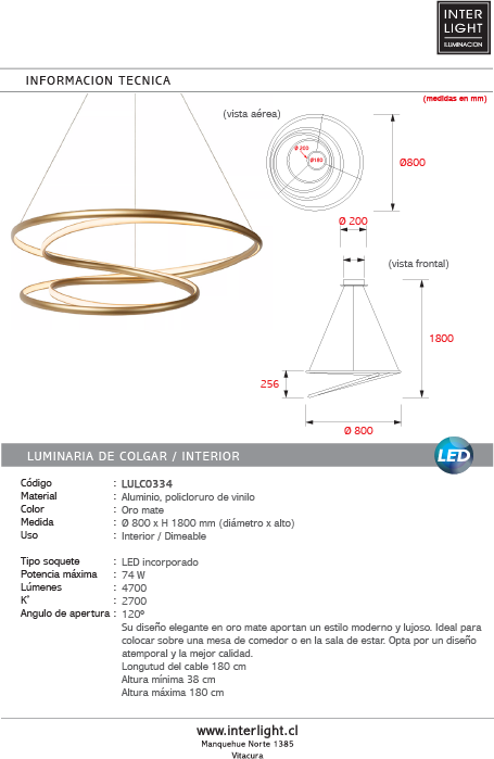 Lámpara colgante aluminio policloruro de vinilo oro mate dimeable Ø80cm 74W LED - LULC0334