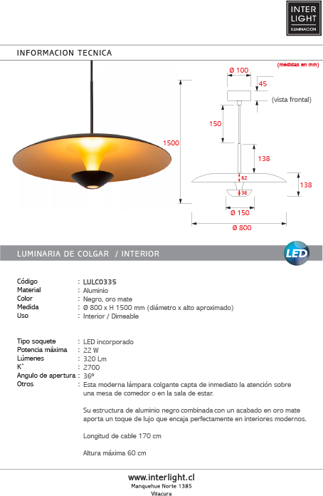 Lámpara colgante aluminio negro oro mate Ø80 cm 22w LED - LULC0335