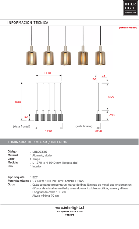 Lámpara colgante aluminio taupe  5 luces E27 - LULC0336