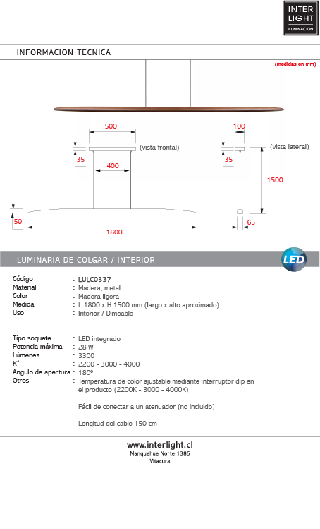 Lámpara colgante  madera ligera dimeable  1,80x 1,50m 28W LED - LULC0337