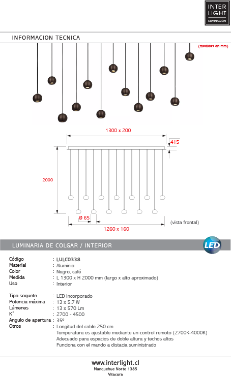 Lámpara colgante  alumnio negro café dimeable 130 cm 13x5,7W LED - LULC0338