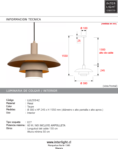 Lámpara colgante metal taupe Ø38x24,5 cm E27 - LULC0342