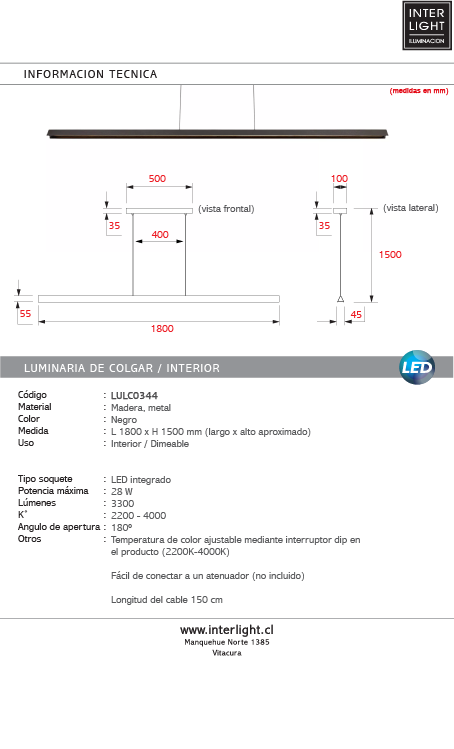 Lámpara colgante  madera negro dimeable  1,80x 1,50 xm 28W LED  - LULC0344