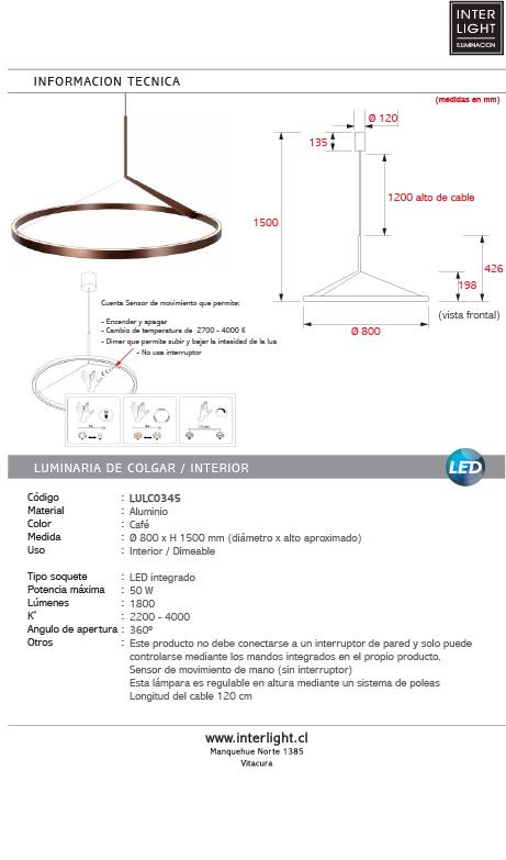 Lámpara colgante alumino café con sensor de movimiento Ø 80 cm 50W LED - LULC0345