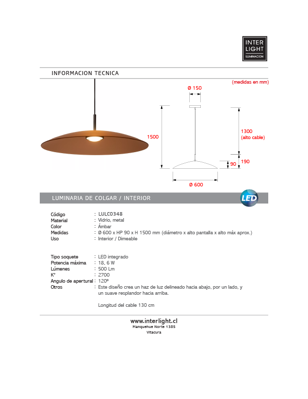 Lámpara colgante vidrio dimeable ámbar Ø 60 cm 18,6 W 2700K- LULC0348