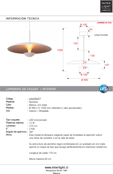 Lámpara colgante aluminio blanco oro mate Ø40 cm 12W LED - LULC0351