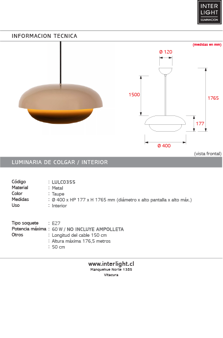 Lámpara colgante metal taupe Ø40 cm E27 - LULC0355