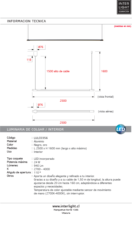Lámpara colgante aluminio negro oro 2.50 cm 24W LED  - LULC0356