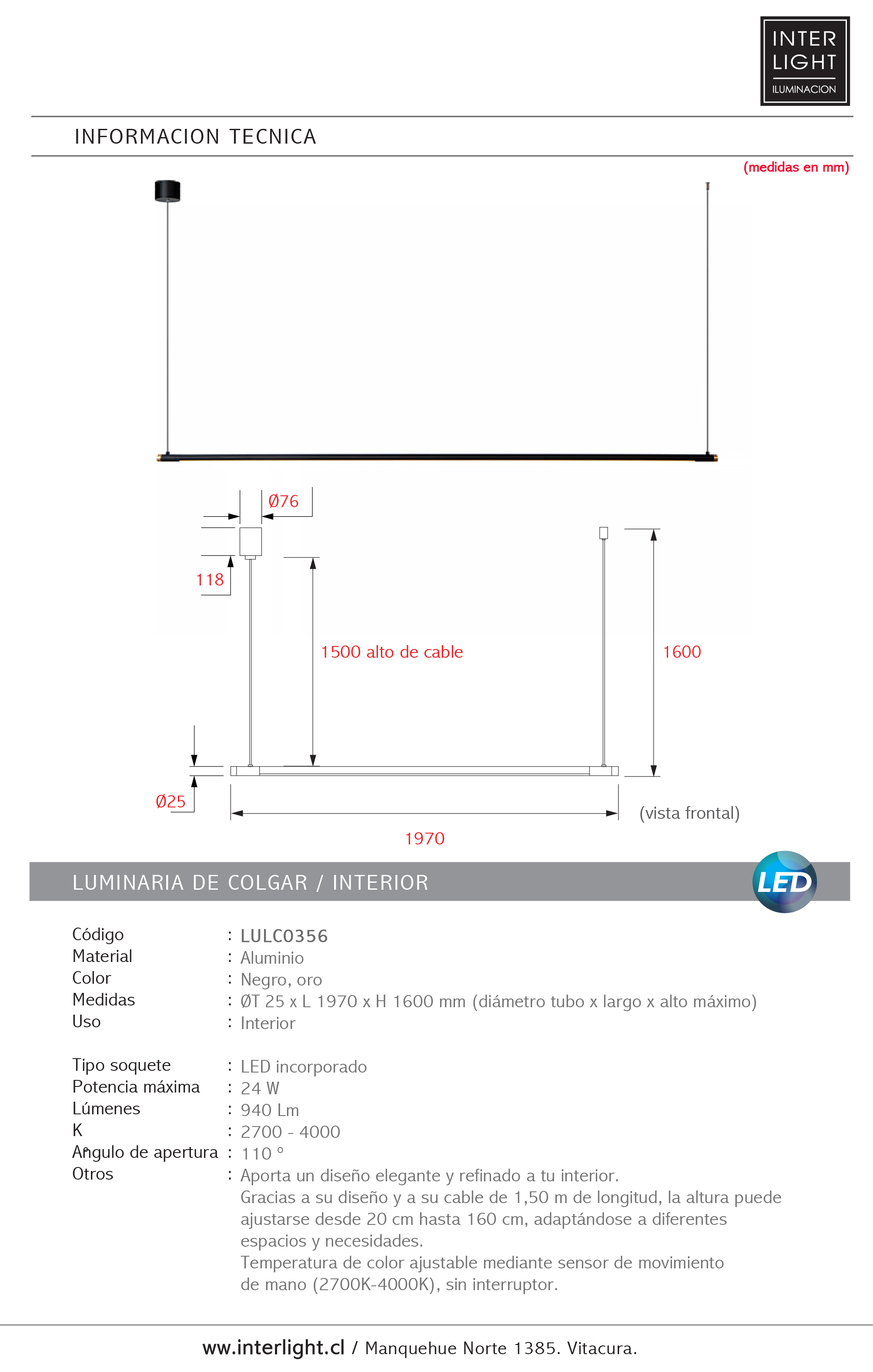 Lámpara colgante aluminio negro oro 1.97 cm 24W LED  - LULC0356