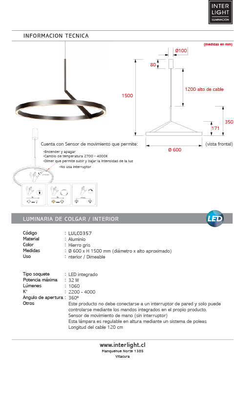 Lámpara colgante metal Negro sensor de movimiento Ø60 cm 24w - LULC0357