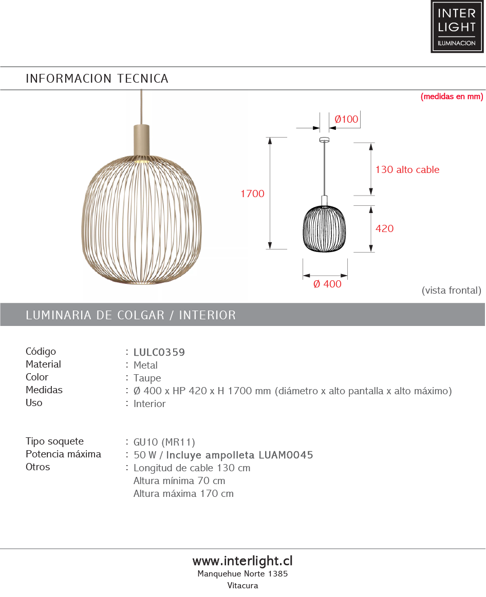 Lámpara colgante metal taupe Ø40x42cm GU10 - LULC0359